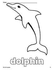 Free printable dolphin coloring page for preschool, pre-k, and kindergarten, PDF