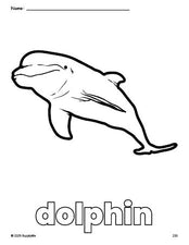 Free printable dolphin coloring page for preschool, pre-k, and kindergarten, PDF