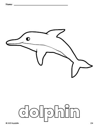 Free printable dolphin coloring page for preschool, pre-k, and kindergarten, PDF