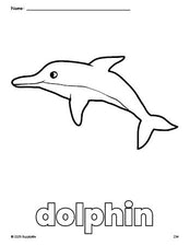 Free printable dolphin coloring page for preschool, pre-k, and kindergarten, PDF