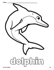 Free printable dolphin coloring page for preschool, pre-k, and kindergarten, PDF