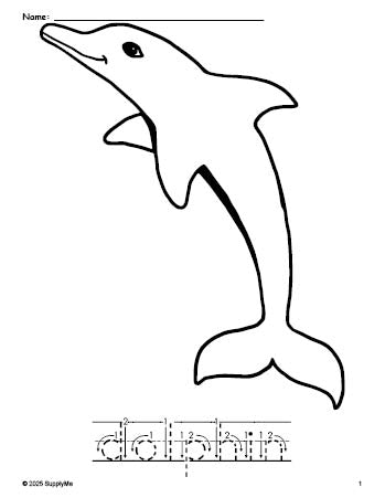 Free printable dolphin coloring page and word tracing worksheet, letter formation guides, perfect for preschool, pre-k, and kindergarten, PDF