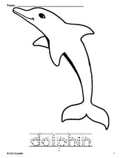 Free printable dolphin coloring page and word tracing worksheet, letter formation guides, perfect for preschool, pre-k, and kindergarten, PDF