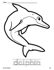 Free printable dolphin coloring page and word tracing worksheet, letter formation guides, perfect for preschool, pre-k, and kindergarten, PDF