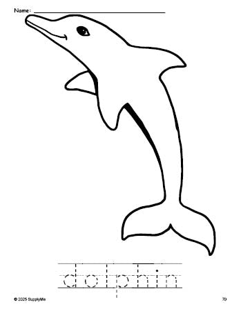 Free printable dolphin coloring page and word tracing worksheet, perfect for preschool, pre-k, and kindergarten, PDF