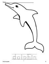 Free printable dolphin coloring page and word tracing worksheet, perfect for preschool, pre-k, and kindergarten, PDF