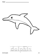 Free printable dolphin coloring page and word tracing worksheet, perfect for preschool, pre-k, and kindergarten, PDF