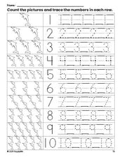 Free printable dolphin counting worksheet for preschool and pre-k with number tracing practice 1-10, PDF