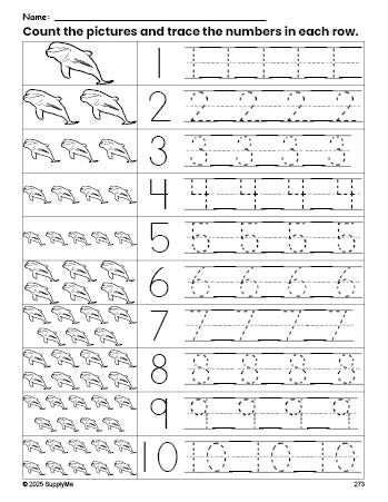 Free printable dolphin counting worksheet for preschool and pre-k with number tracing practice 1-10, PDF