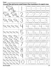 Free printable dolphin counting worksheet for preschool and pre-k with number tracing practice 1-10, PDF