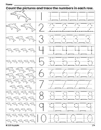 Free printable dolphin counting worksheet for preschool and pre-k with number tracing practice 1-10, PDF