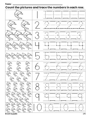 Free printable dolphin counting worksheet for preschool and pre-k with number tracing practice 1-10, PDF