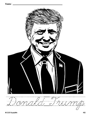 Free printable Donald Trump Presidents' Day coloring page and cursive word tracing worksheet, perfect for preschool, pre-k, and kindergarten, PDF