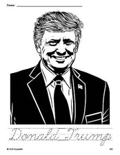 Free printable Donald Trump Presidents' Day coloring page and cursive word tracing worksheet, perfect for preschool, pre-k, and kindergarten, PDF