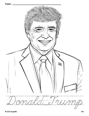 Free printable Donald Trump Presidents' Day coloring page and cursive word tracing worksheet, perfect for preschool, pre-k, and kindergarten, PDF