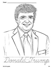 Free printable Donald Trump Presidents' Day coloring page and cursive word tracing worksheet, perfect for preschool, pre-k, and kindergarten, PDF