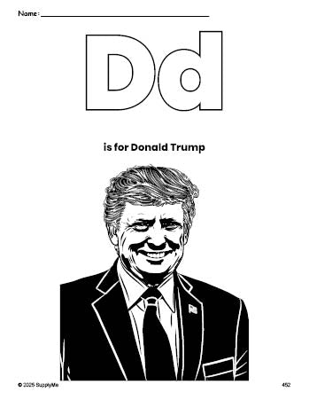 Free printable Donald Trump Presidents' Day coloring page, letter d coloring page for preschool, pre-k, and kindergarten, PDF