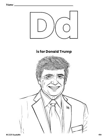 Free printable Donald Trump Presidents' Day coloring page, letter d coloring page for preschool, pre-k, and kindergarten, PDF