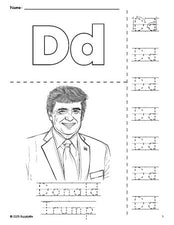 Free printable Donald Trump Presidents' Day coloring page and letter tracing worksheet, letter d worksheet for preschool, pre-k, and kindergarten, PDF