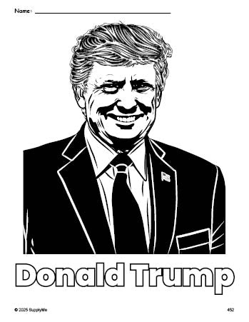 Free printable Donald Trump Presidents' Day coloring page for preschool, pre-k, and kindergarten, PDF