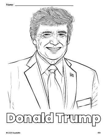 Free printable Donald Trump Presidents' Day coloring page for preschool, pre-k, and kindergarten, PDF