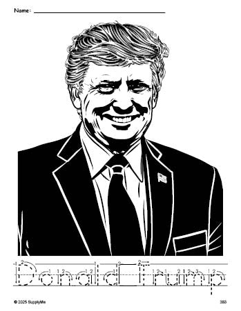 Free printable Donald Trump Presidents' Day coloring page and word tracing worksheet, letter formation guides, perfect for preschool, pre-k, and kindergarten, PDF