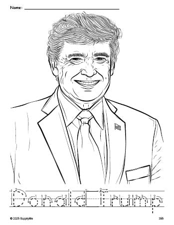 Free printable Donald Trump Presidents' Day coloring page and word tracing worksheet, letter formation guides, perfect for preschool, pre-k, and kindergarten, PDF