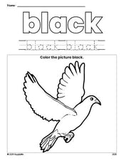 Free dove color black coloring page and color worksheet, black worksheet for preschoolers to learn colors, printable PDF