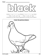 Free dove color black coloring page and color worksheet, black worksheet for preschoolers to learn colors, printable PDF