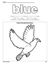 Free dove color blue coloring page and color worksheet, blue worksheet for preschoolers to learn colors, printable PDF