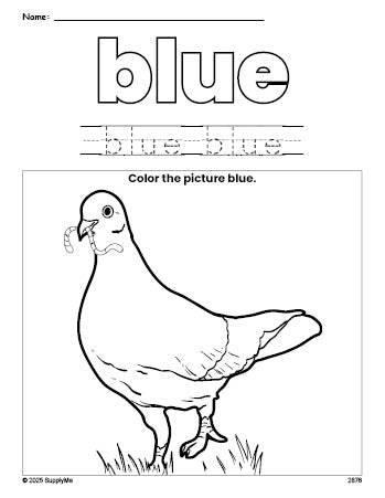 Free dove color blue coloring page and color worksheet, blue worksheet for preschoolers to learn colors, printable PDF