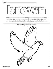 Free dove color brown coloring page and color worksheet, brown worksheet for preschoolers to learn colors, printable PDF