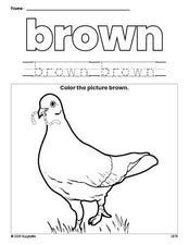 Free dove color brown coloring page and color worksheet, brown worksheet for preschoolers to learn colors, printable PDF