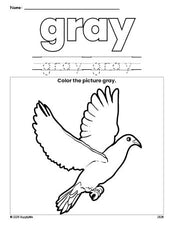 Free dove color gray coloring page and color worksheet, gray worksheet for preschoolers to learn colors, printable PDF