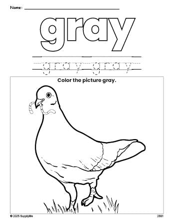 Free dove color gray coloring page and color worksheet, gray worksheet for preschoolers to learn colors, printable PDF