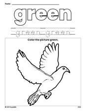 Free dove color green coloring page and color worksheet, green worksheet for preschoolers to learn colors, printable PDF