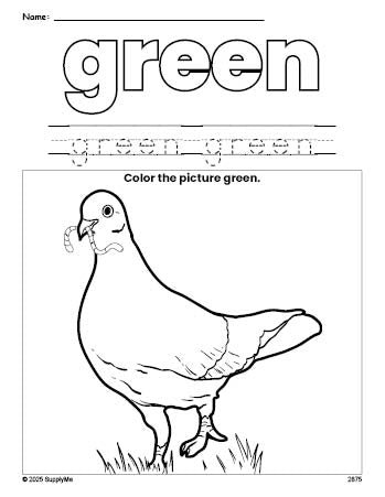 Free dove color green coloring page and color worksheet, green worksheet for preschoolers to learn colors, printable PDF