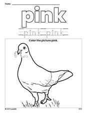 Free dove color pink coloring page and color worksheet, pink worksheet for preschoolers to learn colors, printable PDF