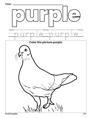 Free dove color purple coloring page and color worksheet, purple worksheet for preschoolers to learn colors, printable PDF