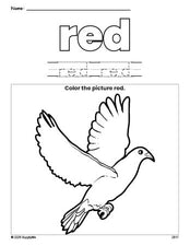 Free dove color red coloring page and color worksheet, red worksheet for preschoolers to learn colors, printable PDF