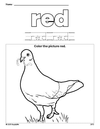 Free dove color red coloring page and color worksheet, red worksheet for preschoolers to learn colors, printable PDF