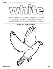 Free dove color white coloring page and color worksheet, white worksheet for preschoolers to learn colors, printable PDF