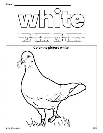 Free dove color white coloring page and color worksheet, white worksheet for preschoolers to learn colors, printable PDF