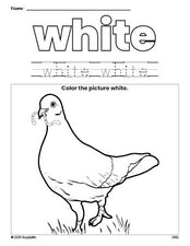 Free dove color white coloring page and color worksheet, white worksheet for preschoolers to learn colors, printable PDF