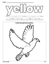 Free dove color yellow coloring page and color worksheet, yellow worksheet for preschoolers to learn colors, printable PDF