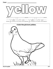 Free dove color yellow coloring page and color worksheet, yellow worksheet for preschoolers to learn colors, printable PDF