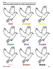 Free dove coloring page and color worksheet for preschoolers to learn colors, printable PDF