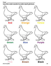 Free dove coloring page and color worksheet for preschoolers to learn colors, printable PDF