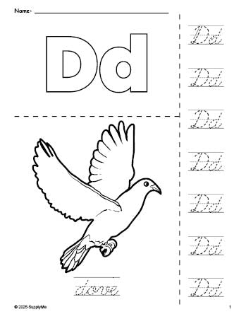 Free printable dove coloring page and cursive letter tracing worksheet, letter d worksheet for preschool, pre-k, and kindergarten, PDF