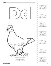 Free printable dove coloring page and cursive letter tracing worksheet, letter d worksheet for preschool, pre-k, and kindergarten, PDF